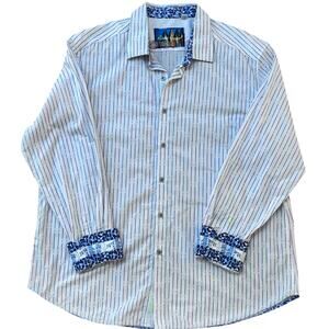 ROBERT GRAHAM Shirt Dotted Rainbow Vertical Lines Blue Flip Cuff Collar 2XL